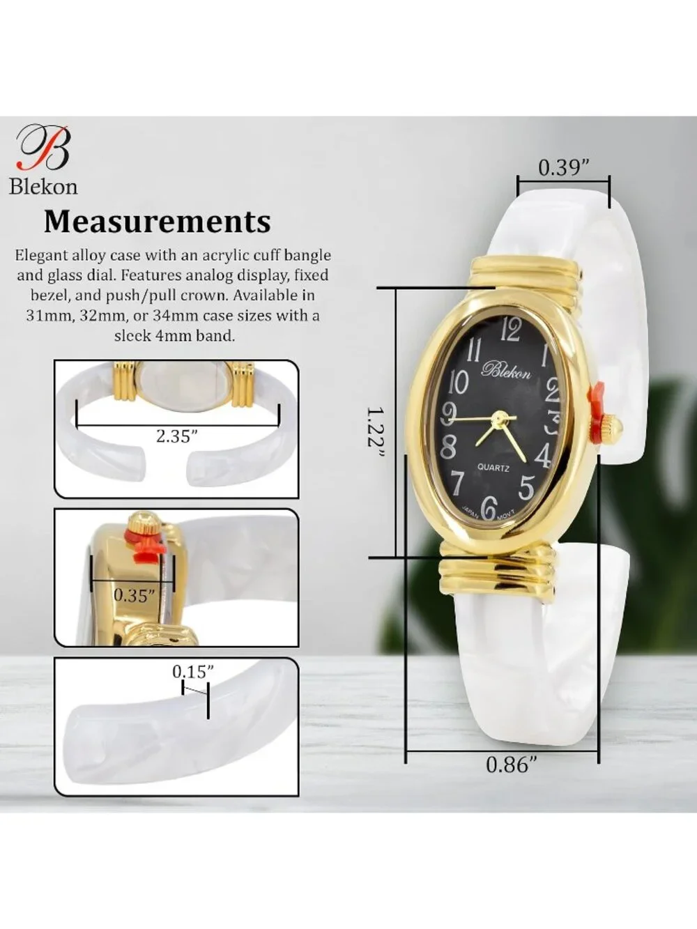 Women's Gold/Black/White Pearl/Oval Shell Color Design Cuff Bangle Stylish Watch
